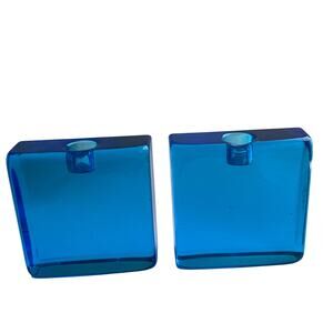 Recycled Glass Block Italy Sculpture Candlestick Holders Blue Set of 2